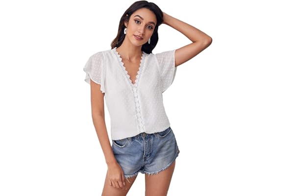 shein 女式雪纺蕾丝上衣短袖 v 领瑞士圆点衬衫衬衫